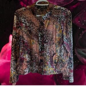 Linear Medium Petite multi color button up front nylon blend sheer woman's top.